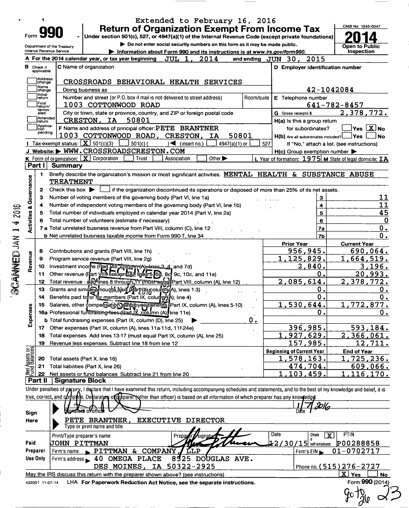 Image of first page of 2014 Form 990 for Crossroads Behavioral Health Services