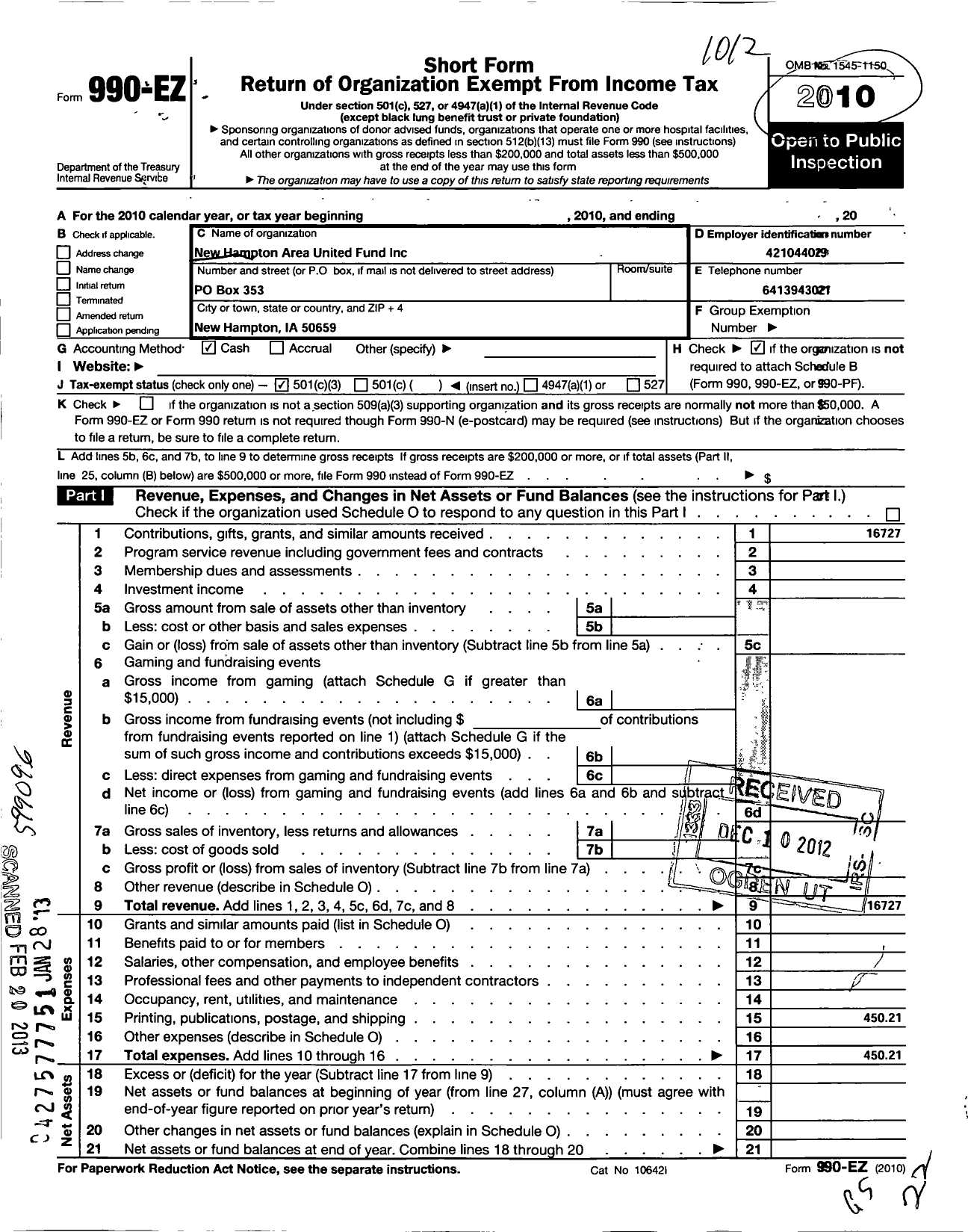 Image of first page of 2010 Form 990EZ for New Hampton Area United Fund