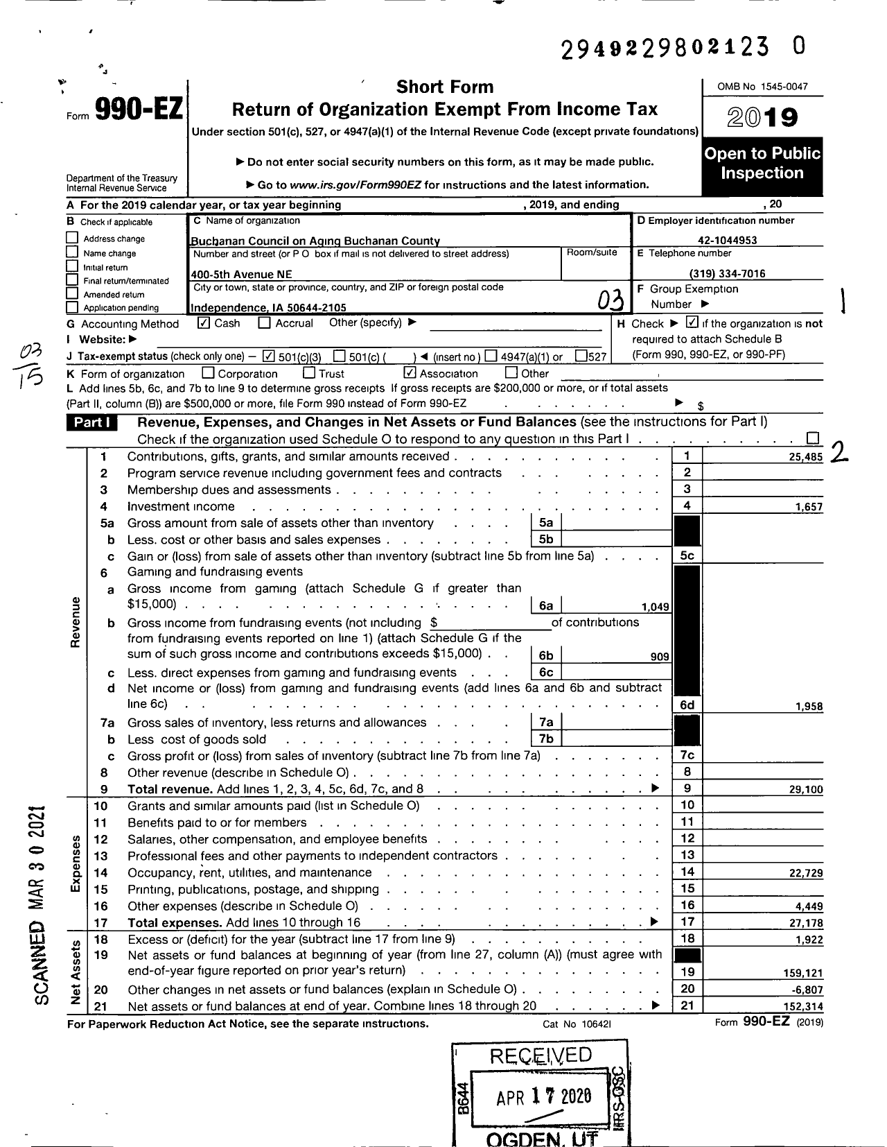 Image of first page of 2019 Form 990EZ for Buchanan County Council on Aging