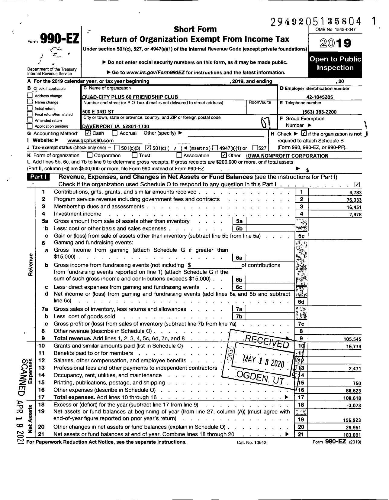 Image of first page of 2019 Form 990EO for Quad-City Plus 60 Friendship Club