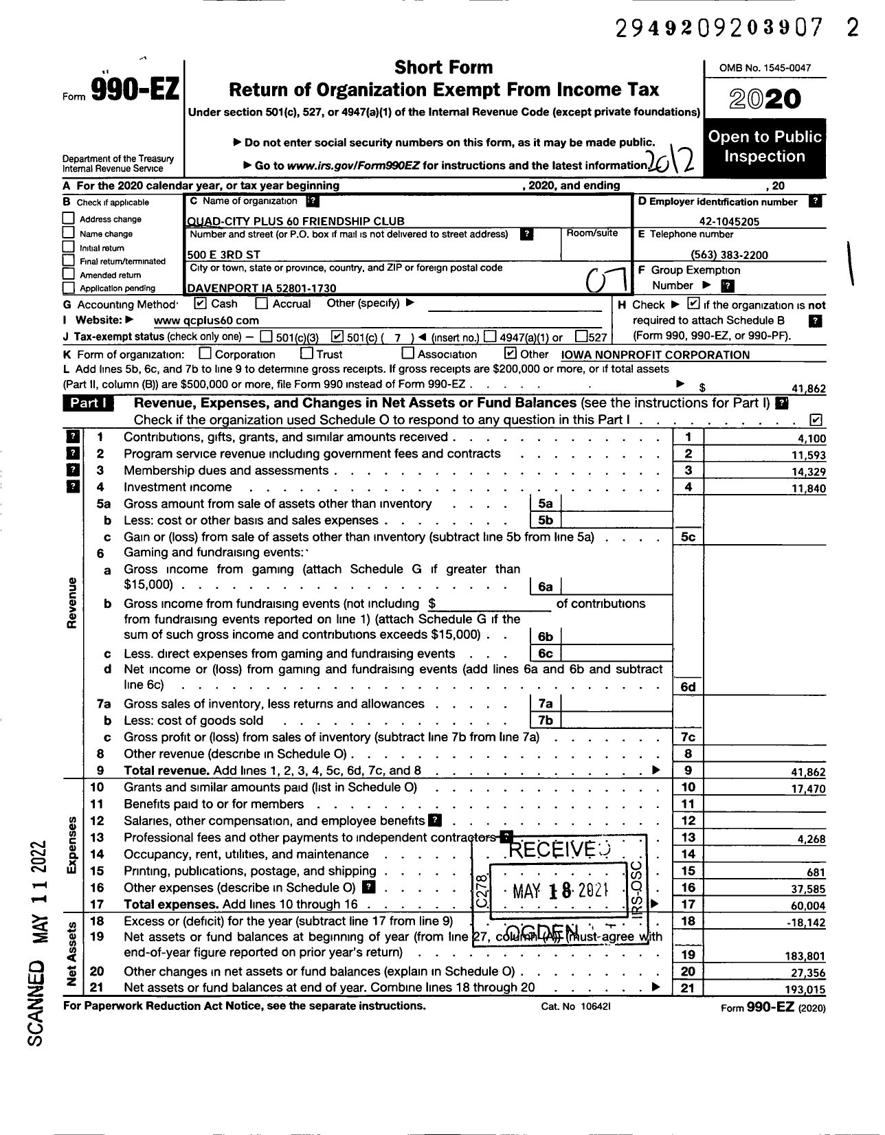 Image of first page of 2020 Form 990EO for Quad-City Plus 60 Friendship Club