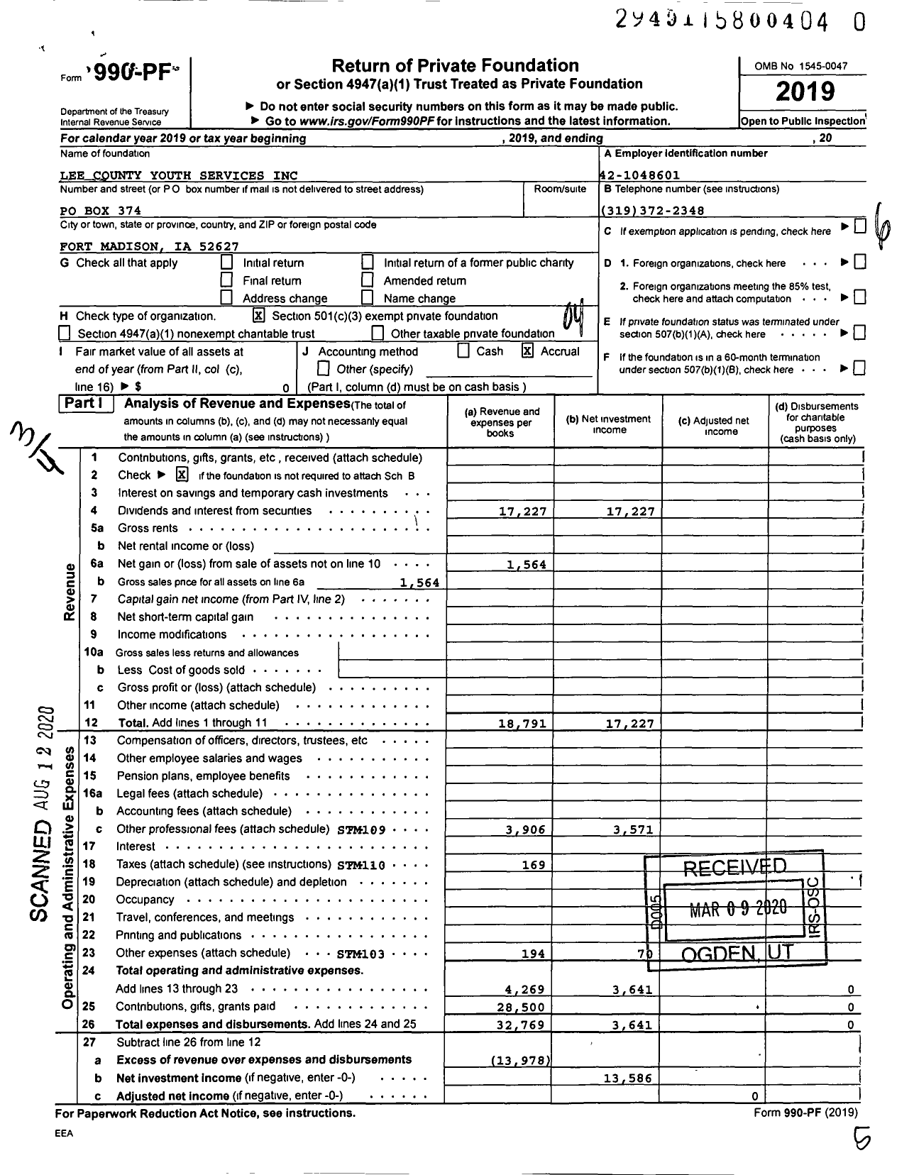 Image of first page of 2019 Form 990PR for Lee County Youth Services