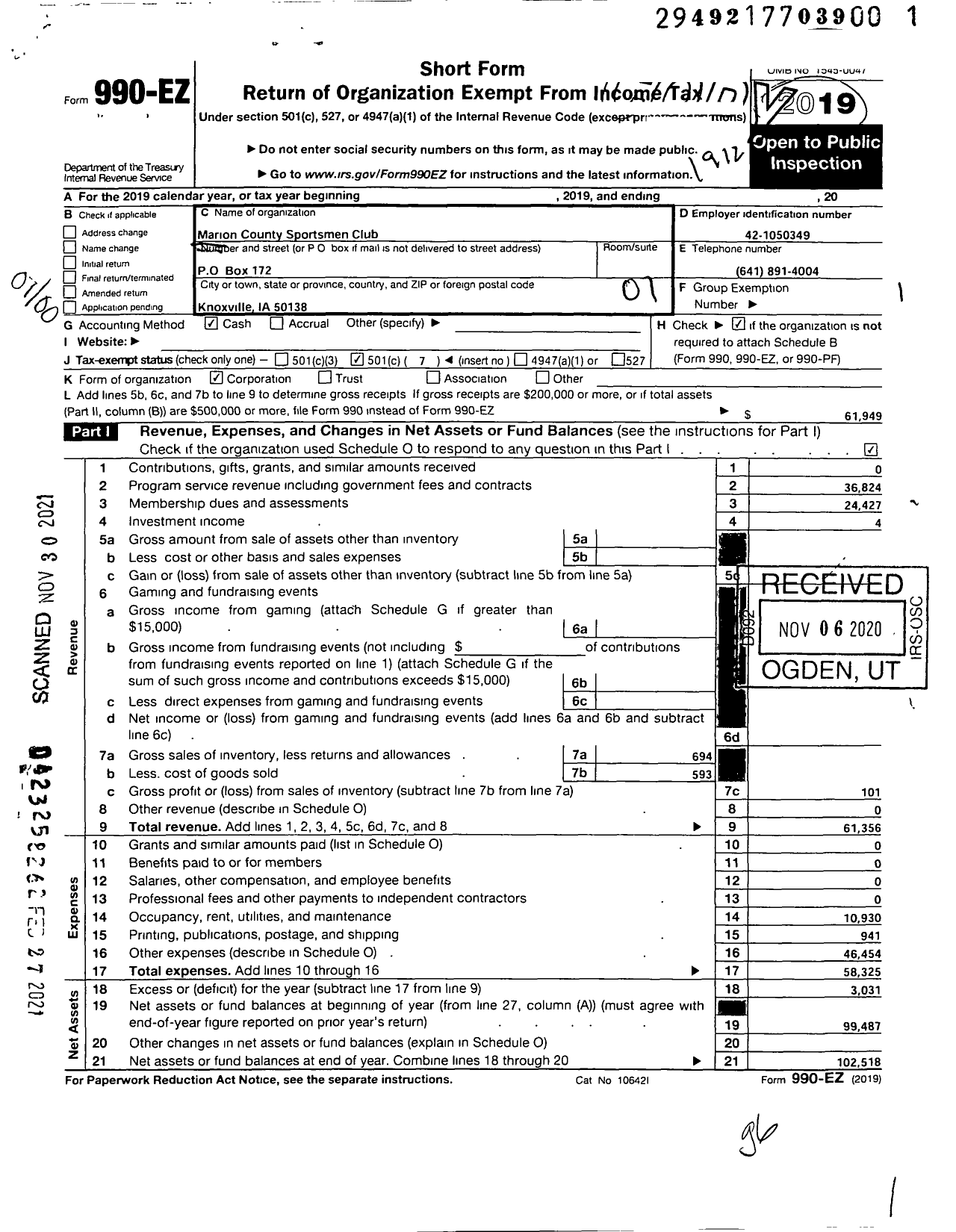 Image of first page of 2019 Form 990EO for Marion County Sportsmen Club