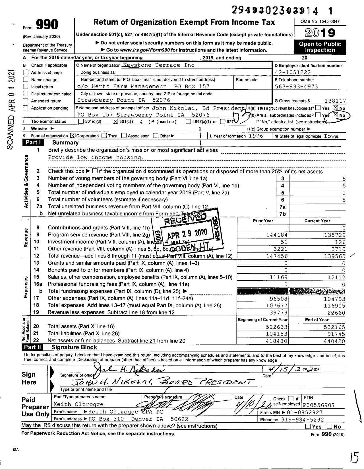 Image of first page of 2019 Form 990 for Keystone Terrace