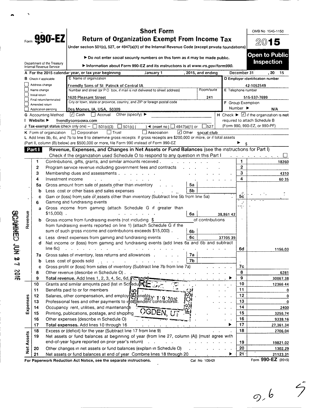 Image of first page of 2015 Form 990EO for Friendly Sons of St Patrick of Central Iowa the