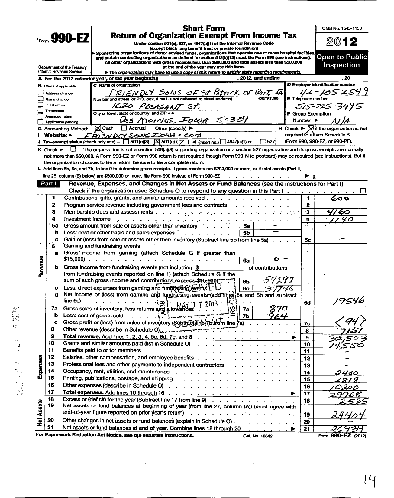 Image of first page of 2012 Form 990EO for Friendly Sons of St Patrick of Central Iowa the