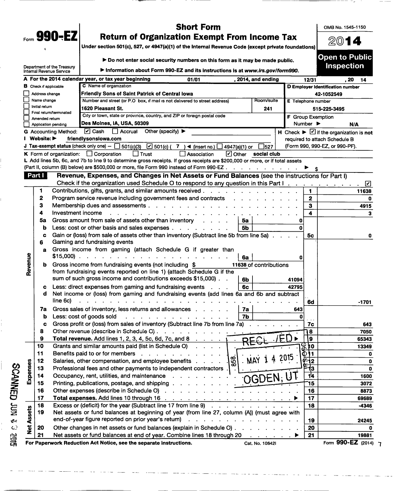 Image of first page of 2014 Form 990EO for Friendly Sons of St Patrick of Central Iowa the