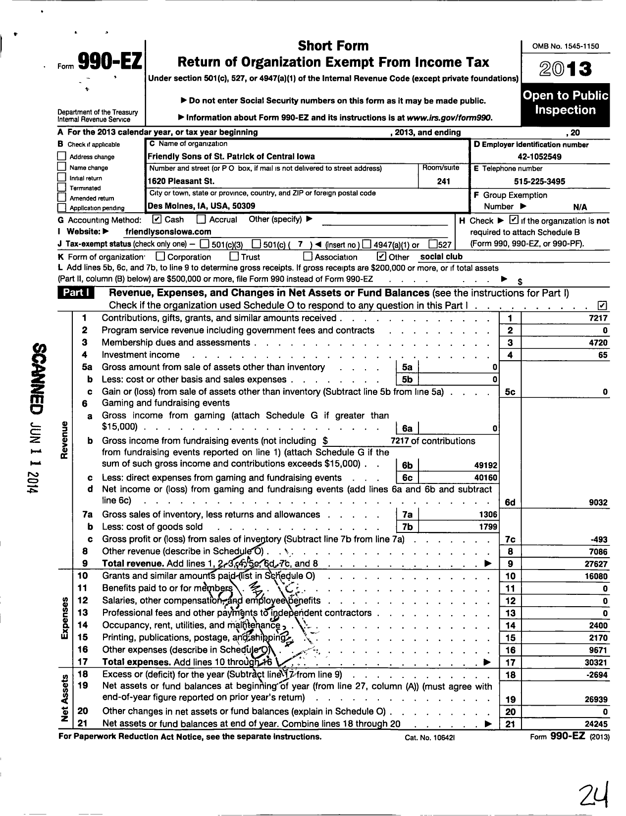 Image of first page of 2013 Form 990EO for Friendly Sons of St Patrick of Central Iowa the