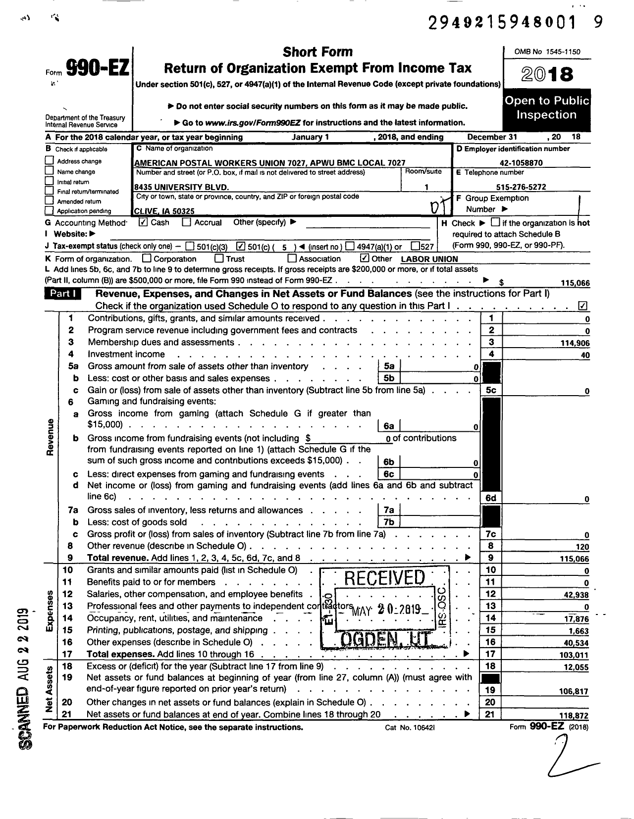 Image of first page of 2018 Form 990EO for American Postal Workers Union - 7027 Des Moines BMC