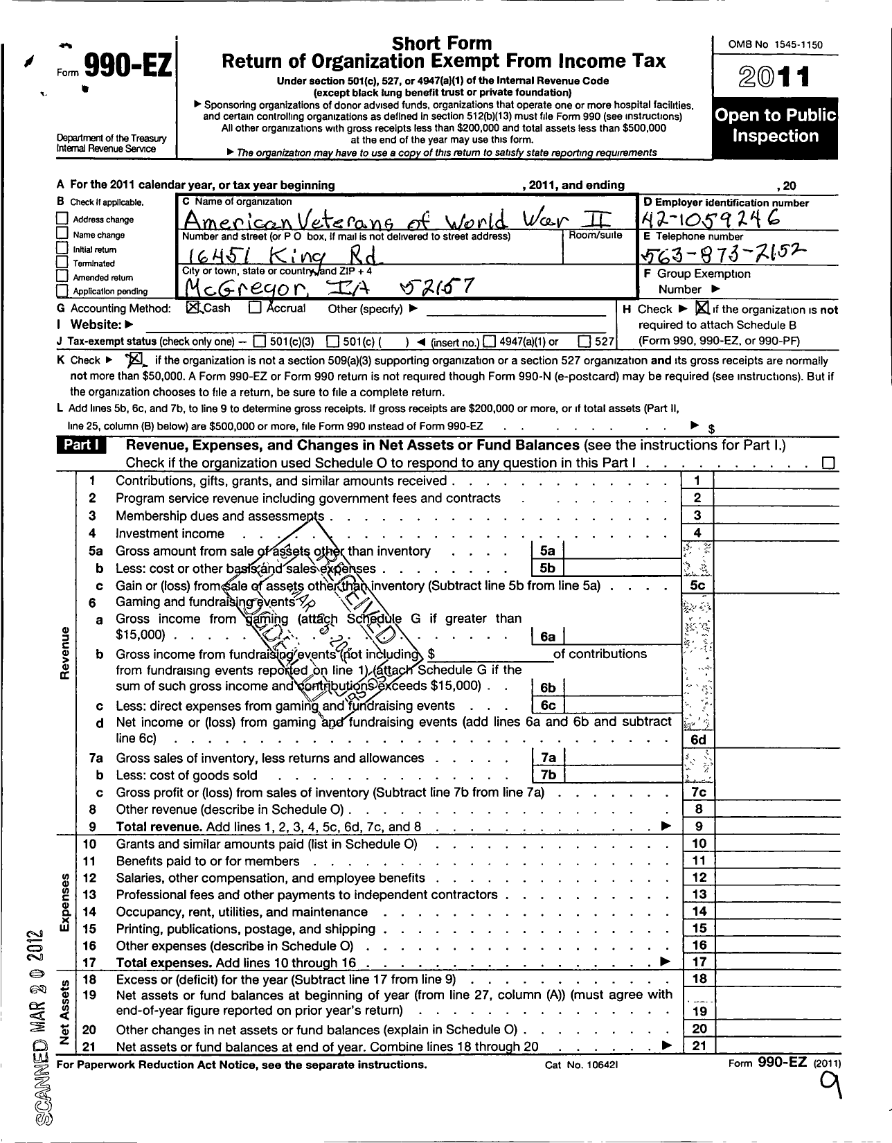 Image of first page of 2011 Form 990EO for Amvets - 0108-ia