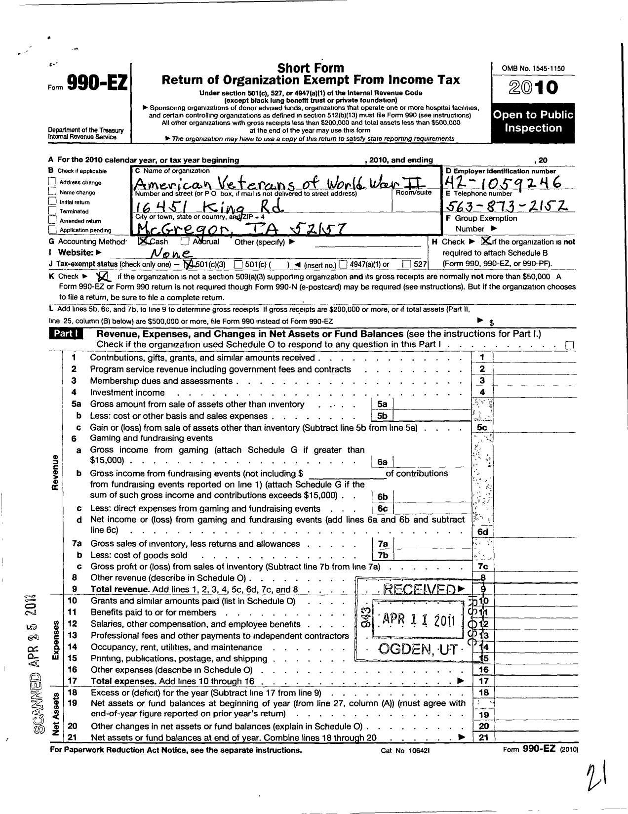 Image of first page of 2010 Form 990EZ for Amvets - 0108-ia