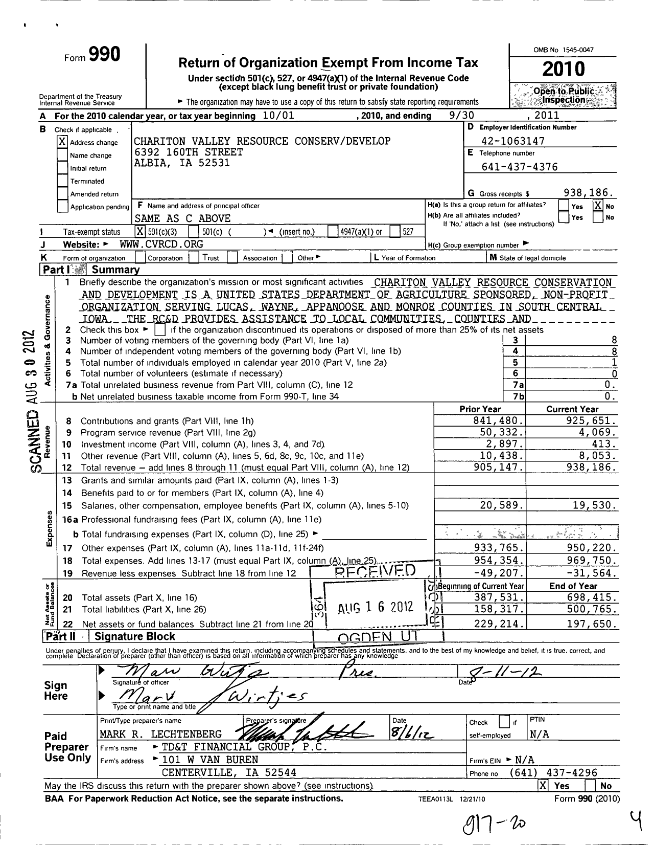 Image of first page of 2010 Form 990 for Chariton Valley Resource Conserv Develop