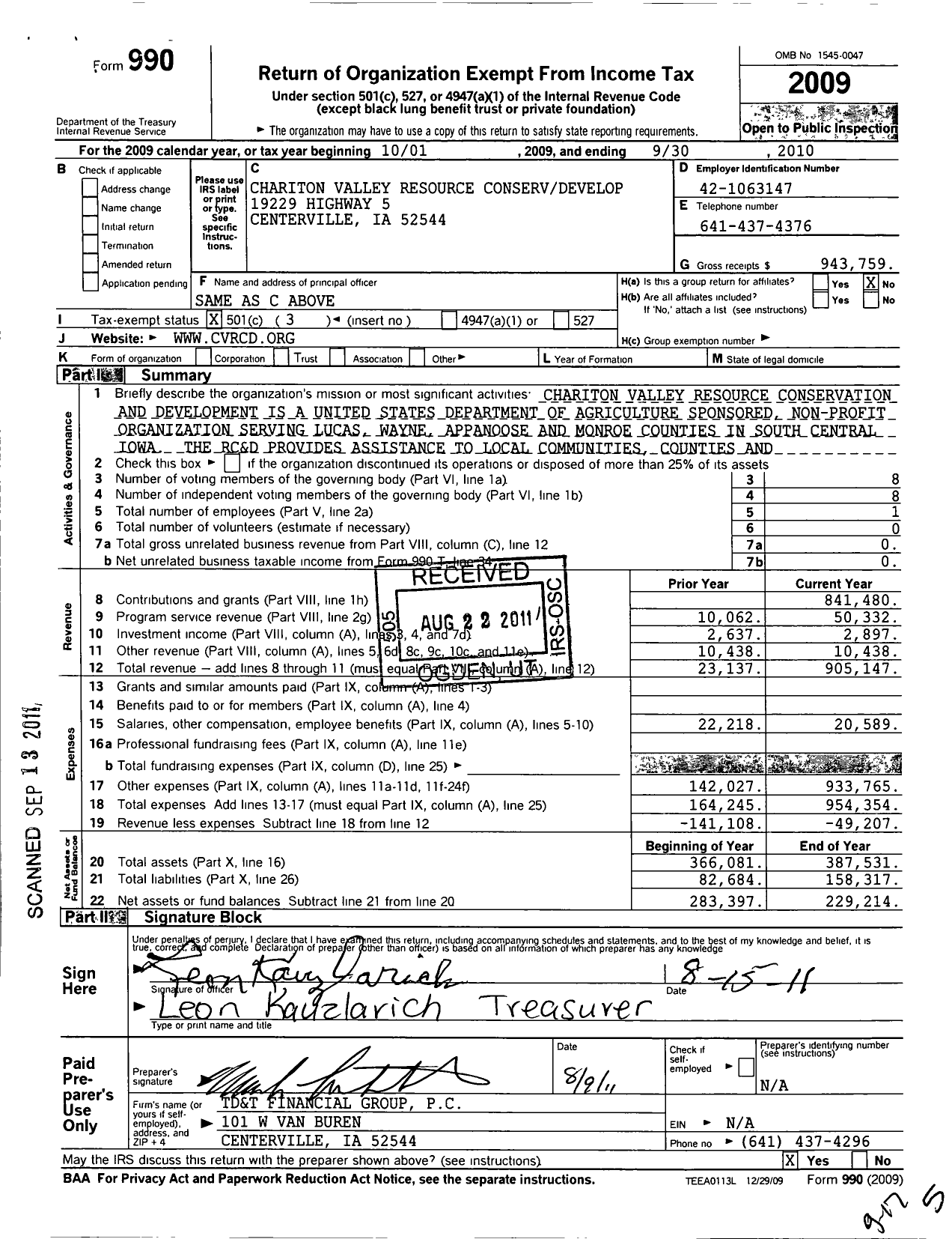 Image of first page of 2009 Form 990 for Chariton Valley Resource Conserv Develop