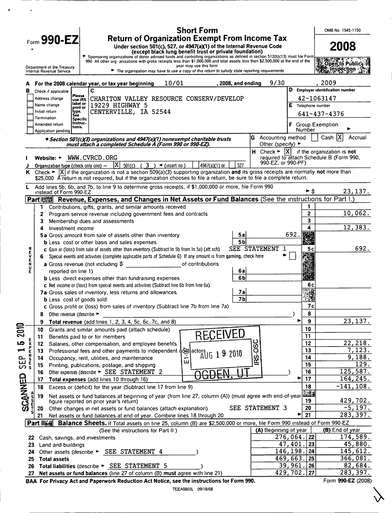 Image of first page of 2008 Form 990EZ for Chariton Valley Resource Conserv Develop