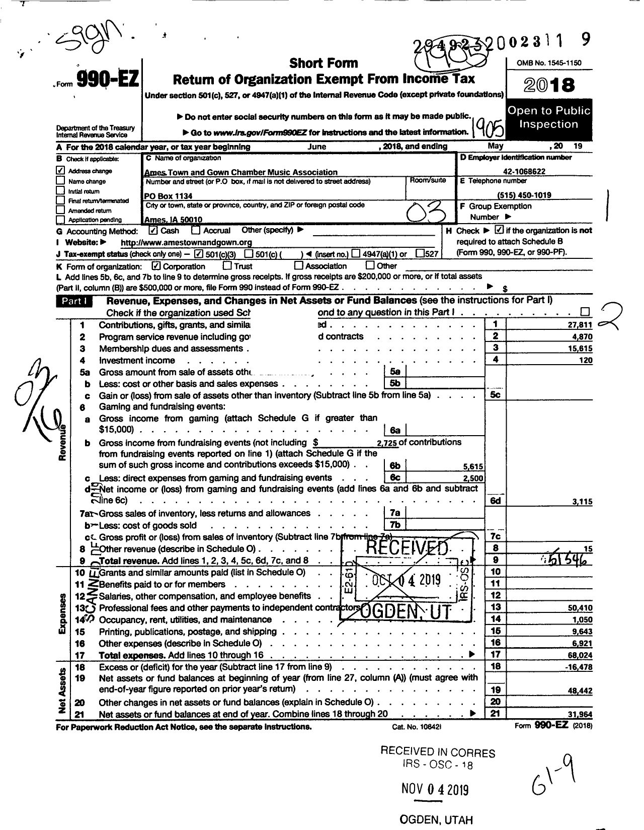 Image of first page of 2018 Form 990EZ for Ames Town and Gown Chamber Music Association