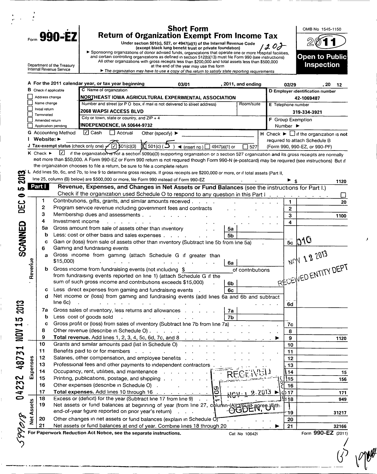 Image of first page of 2011 Form 990EO for Northeast Iowa Agricultural Experimental Association