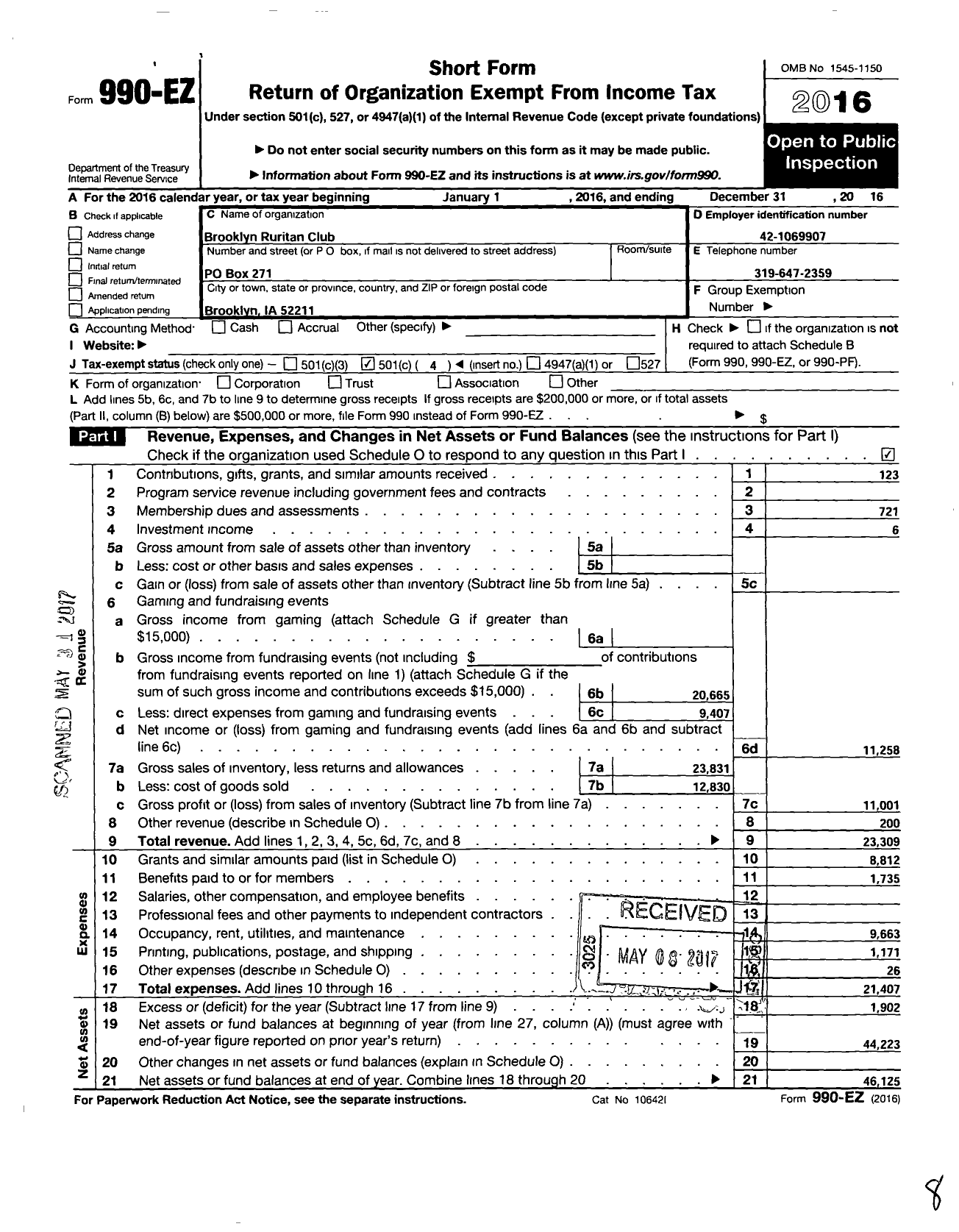 Image of first page of 2016 Form 990EO for Ruritan - Brooklyn