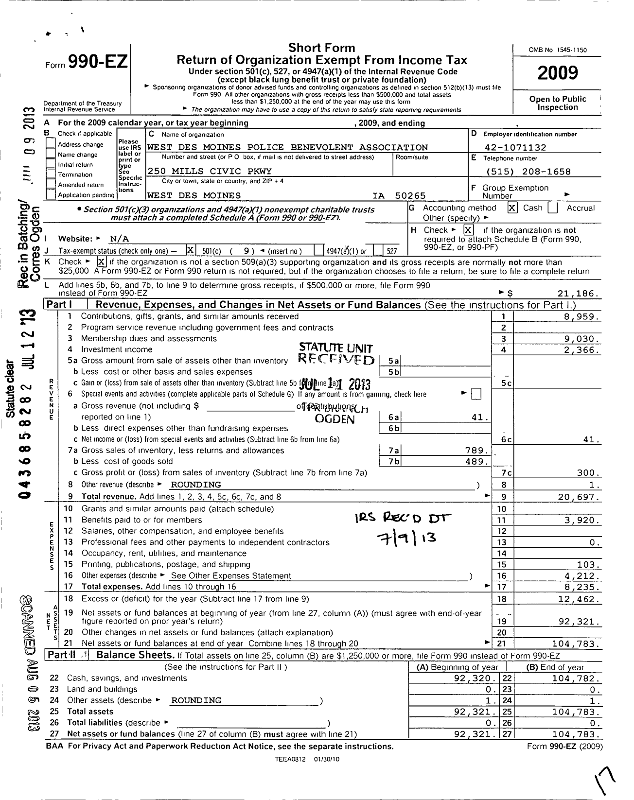 Image of first page of 2009 Form 990EO for West Des Moines Police Benevolent Association