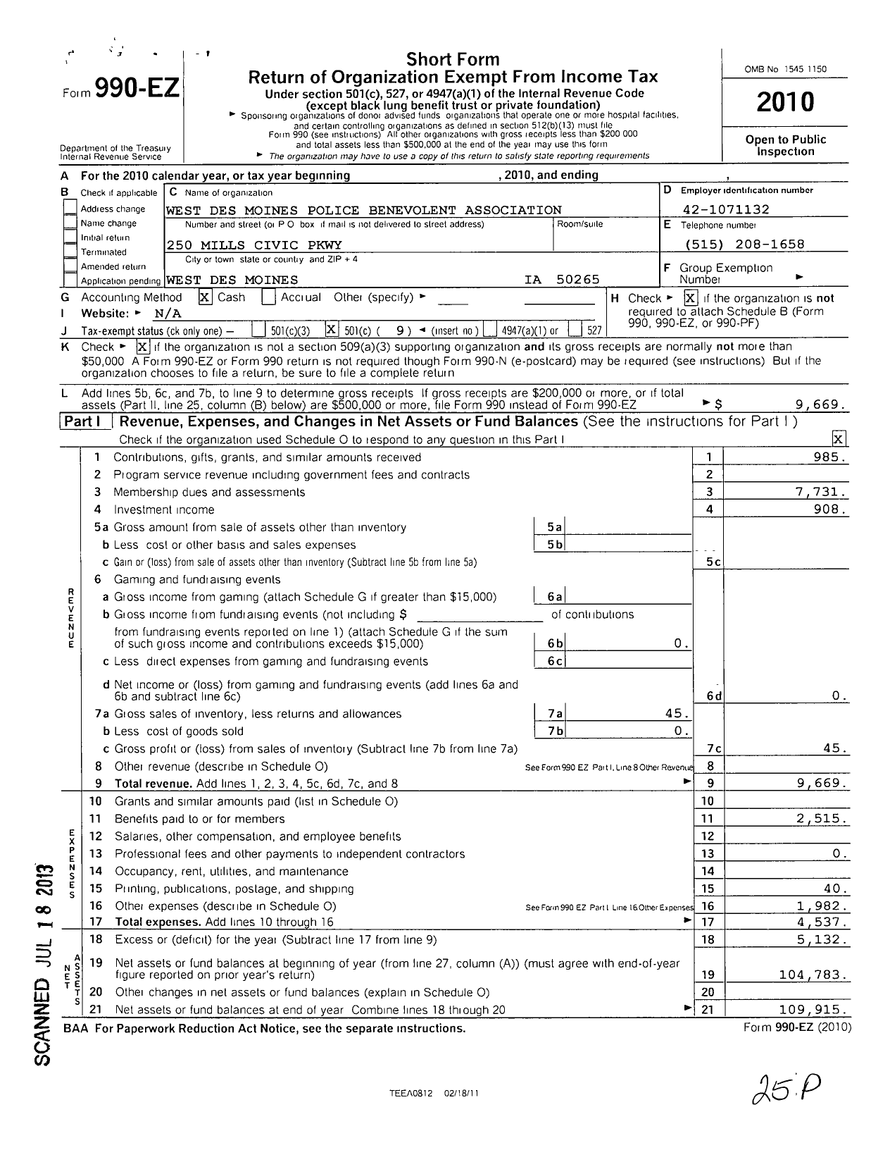 Image of first page of 2010 Form 990EO for West Des Moines Police Benevolent Association