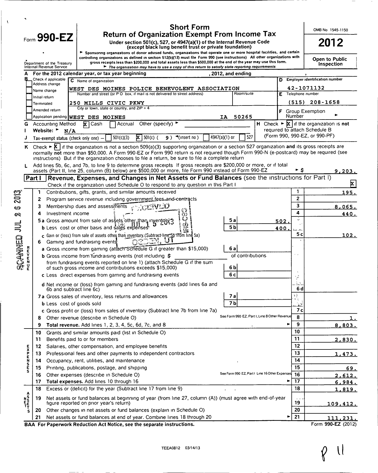 Image of first page of 2012 Form 990EO for West Des Moines Police Benevolent Association