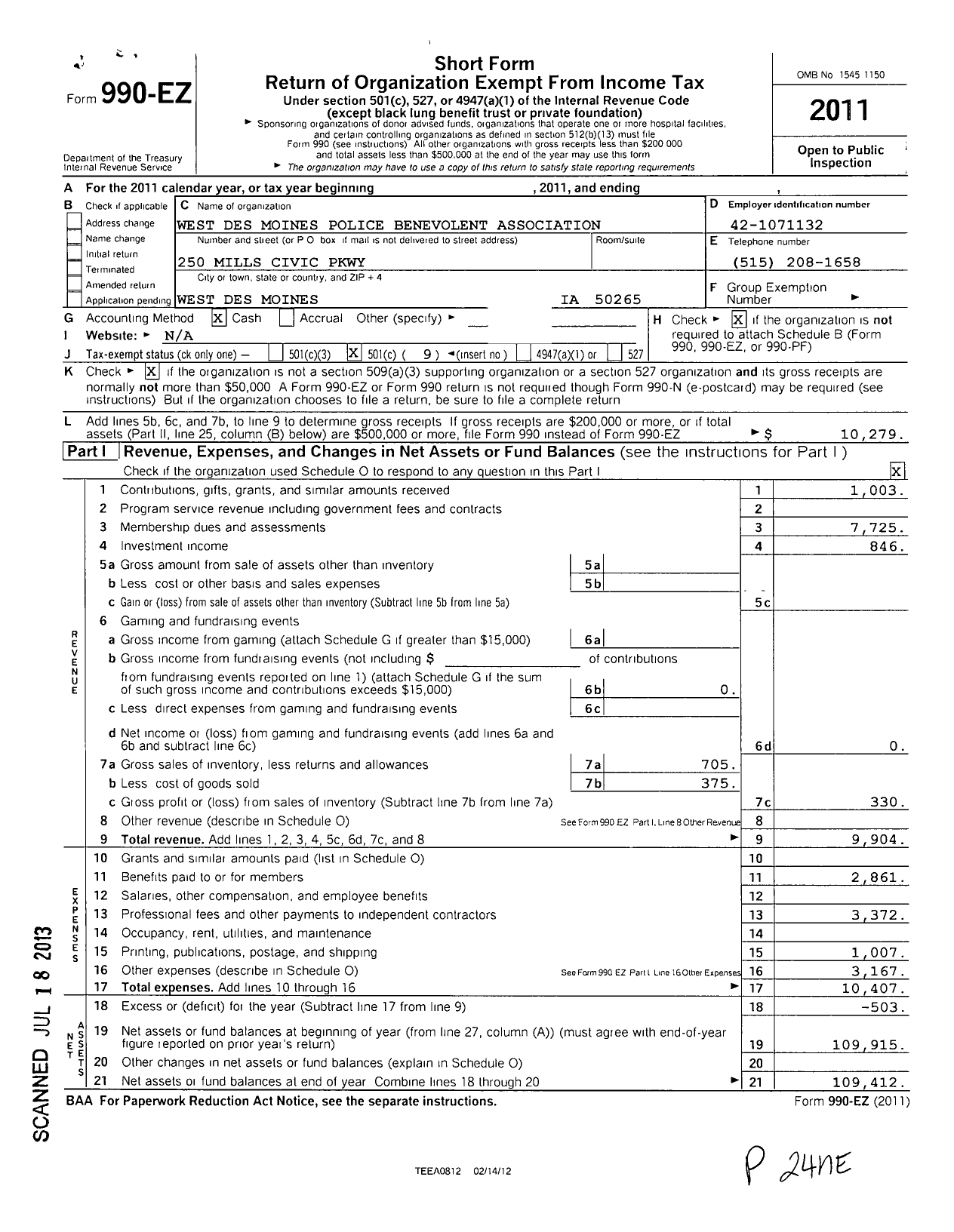 Image of first page of 2011 Form 990EO for West Des Moines Police Benevolent Association