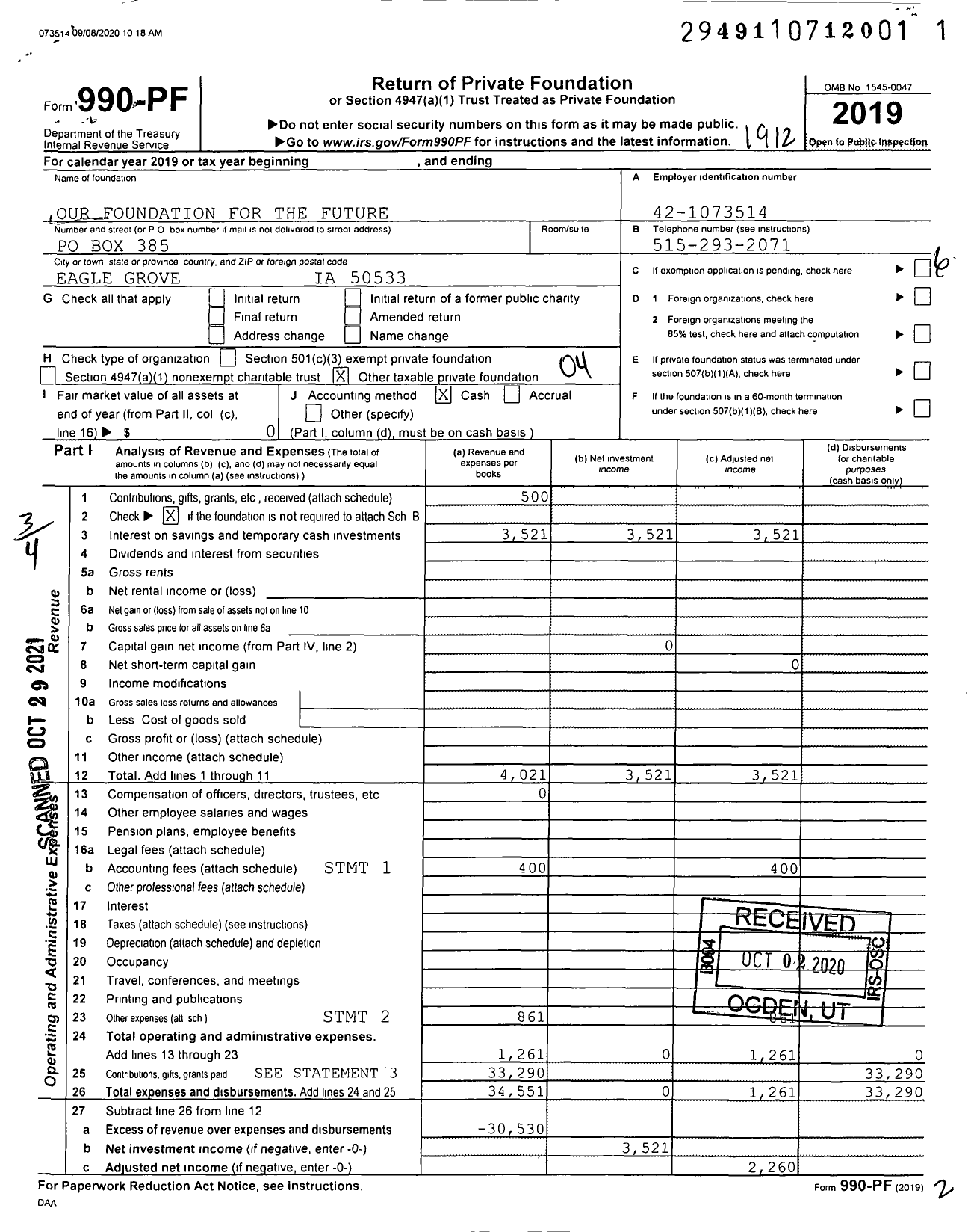 Image of first page of 2019 Form 990PF for Our Foundation for the Future