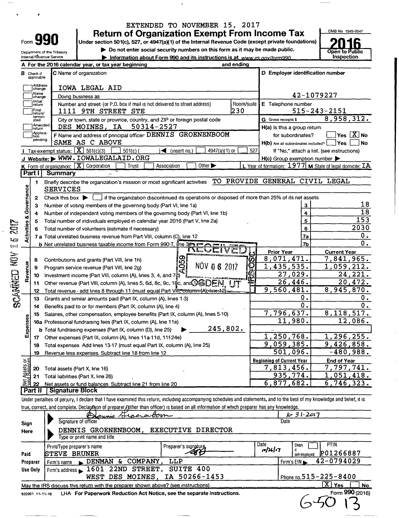 Image of first page of 2016 Form 990 for Iowa Legal Aid