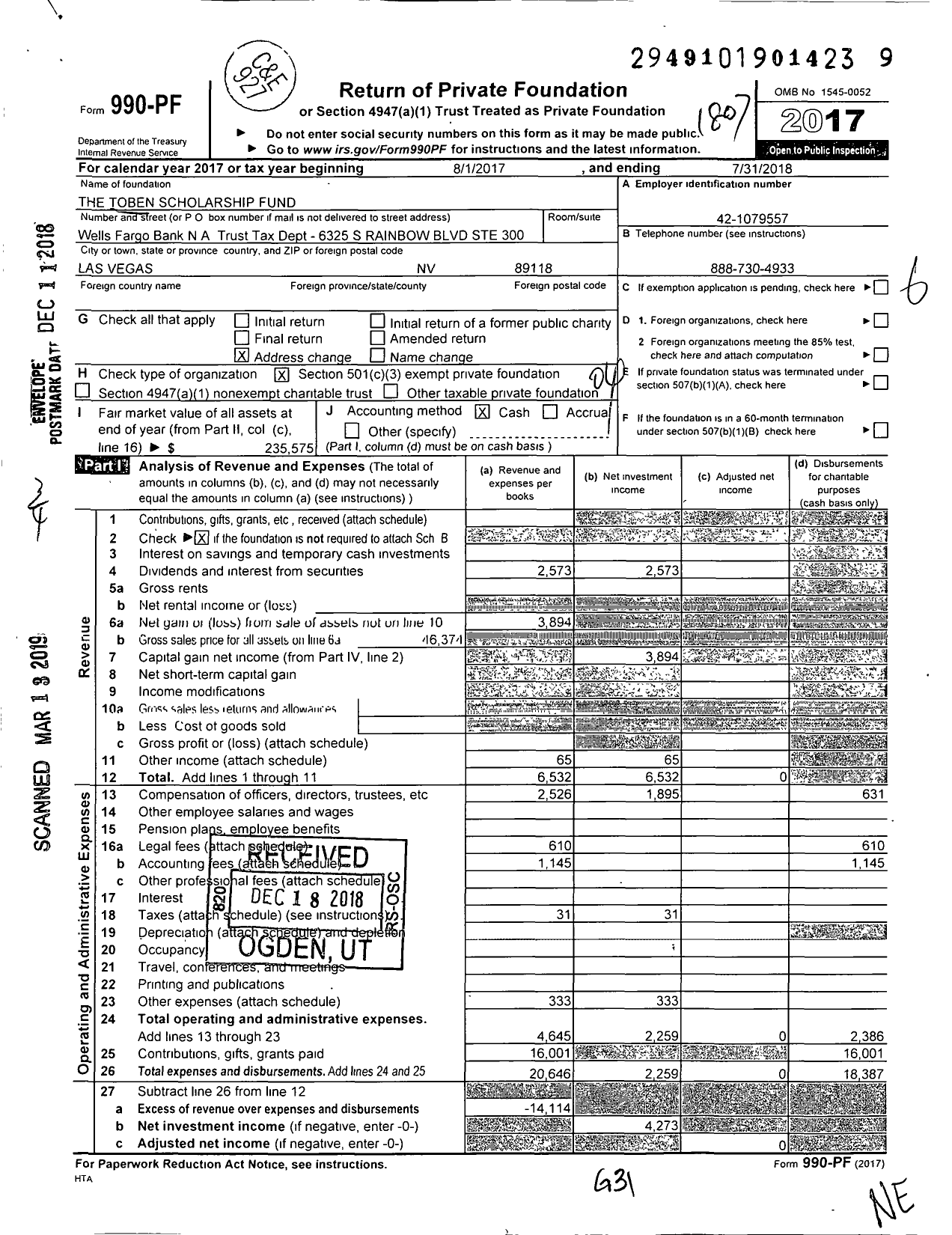 Image of first page of 2017 Form 990PF for The Toben Scholarship Fund