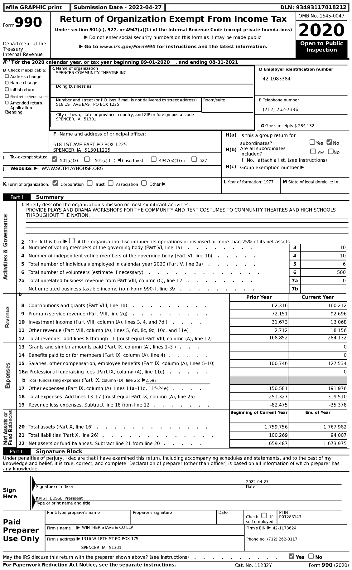 Image of first page of 2020 Form 990 for Spencer Community Theatre