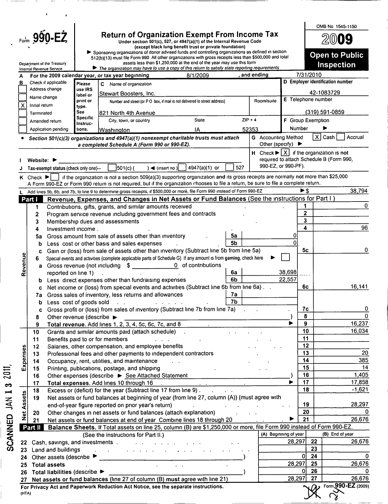 Image of first page of 2009 Form 990EO for Stewart Boosters