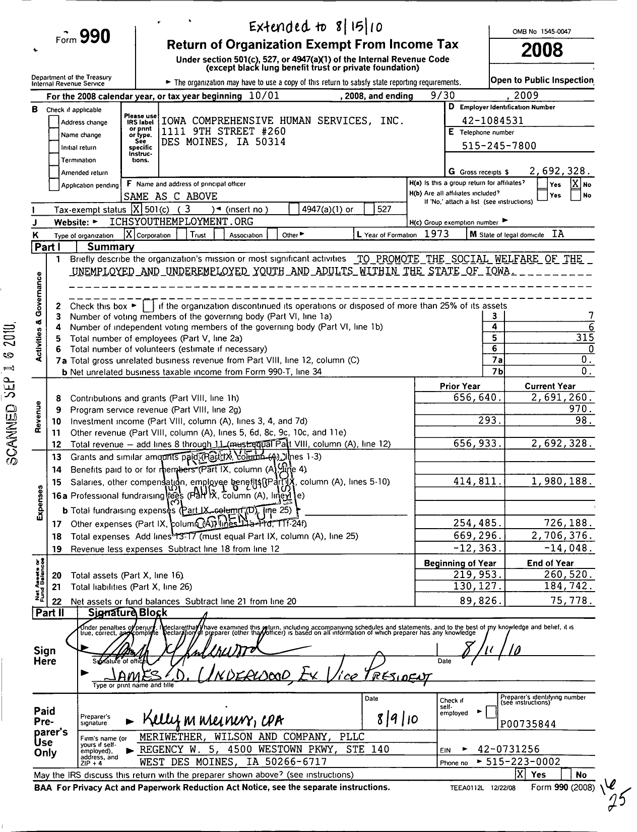 Image of first page of 2008 Form 990 for Iowa Comprehensive Human Services