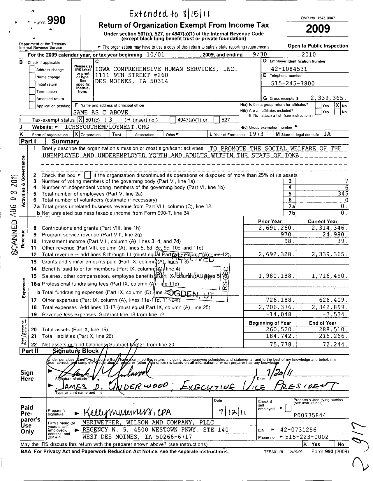 Image of first page of 2009 Form 990 for Iowa Comprehensive Human Services