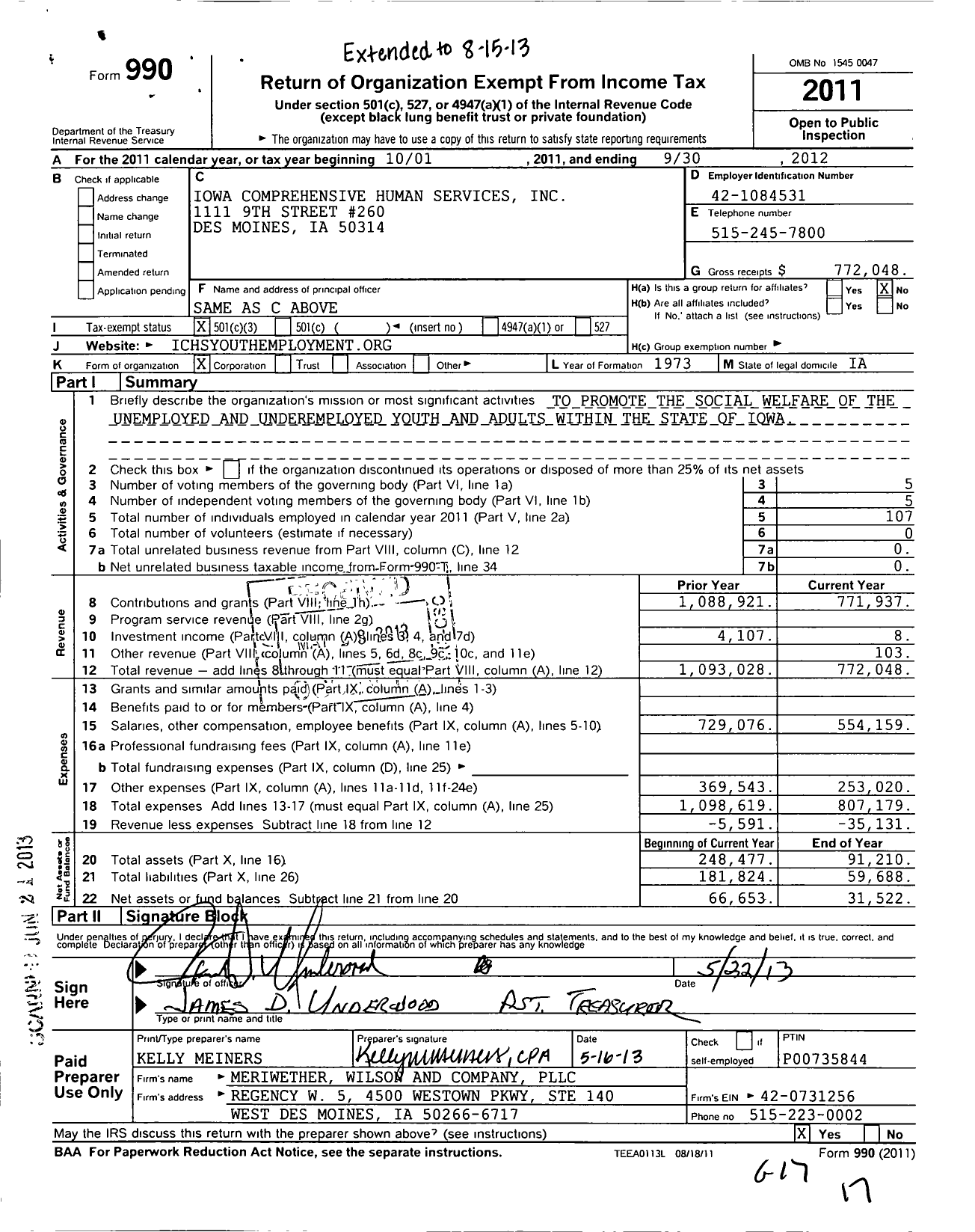 Image of first page of 2011 Form 990 for Iowa Comprehensive Human Services