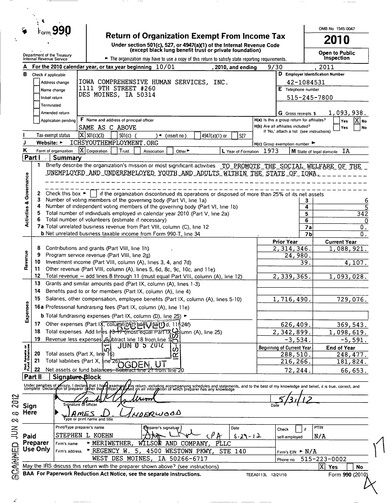 Image of first page of 2010 Form 990 for Iowa Comprehensive Human Services