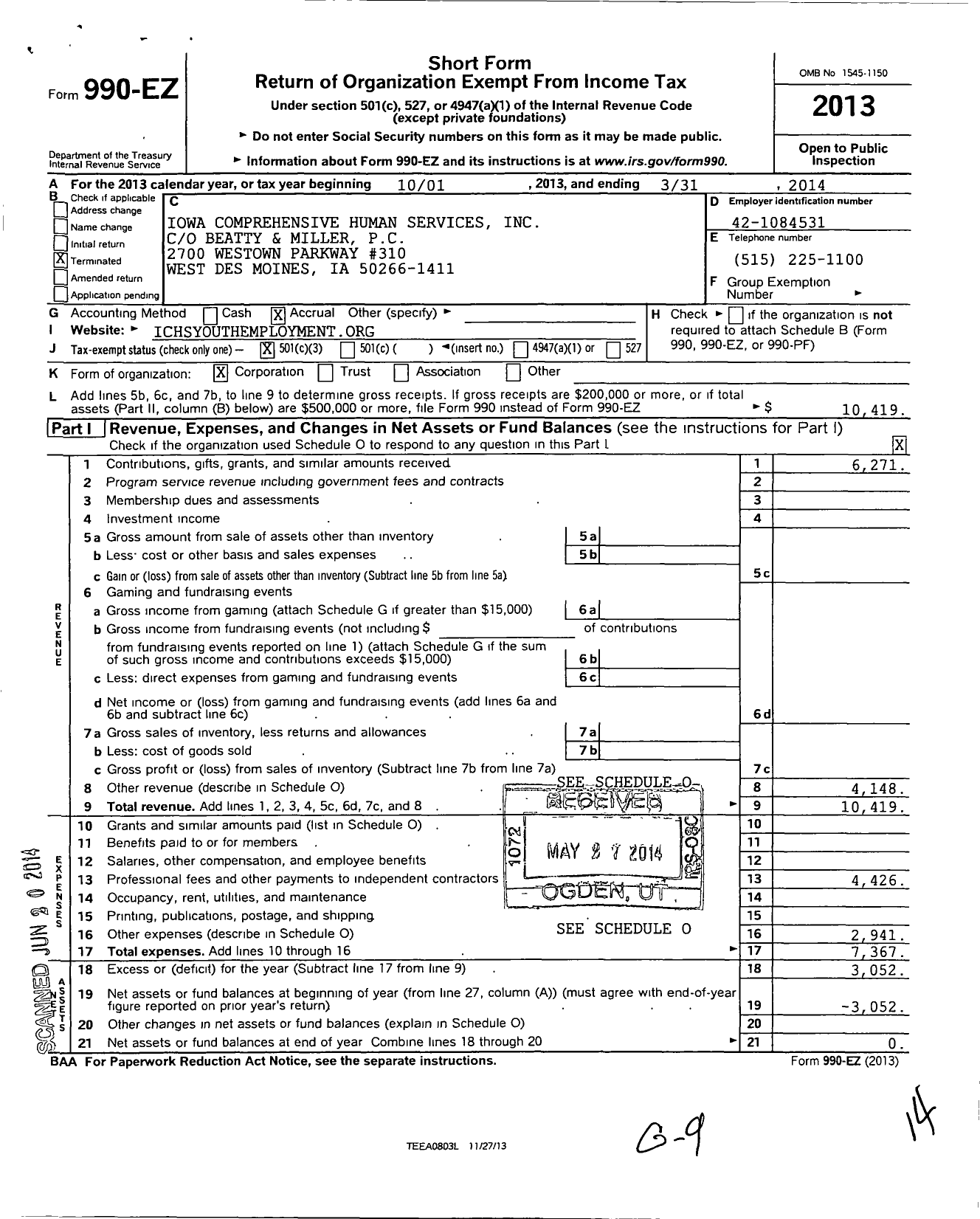 Image of first page of 2013 Form 990EZ for Iowa Comprehensive Human Services