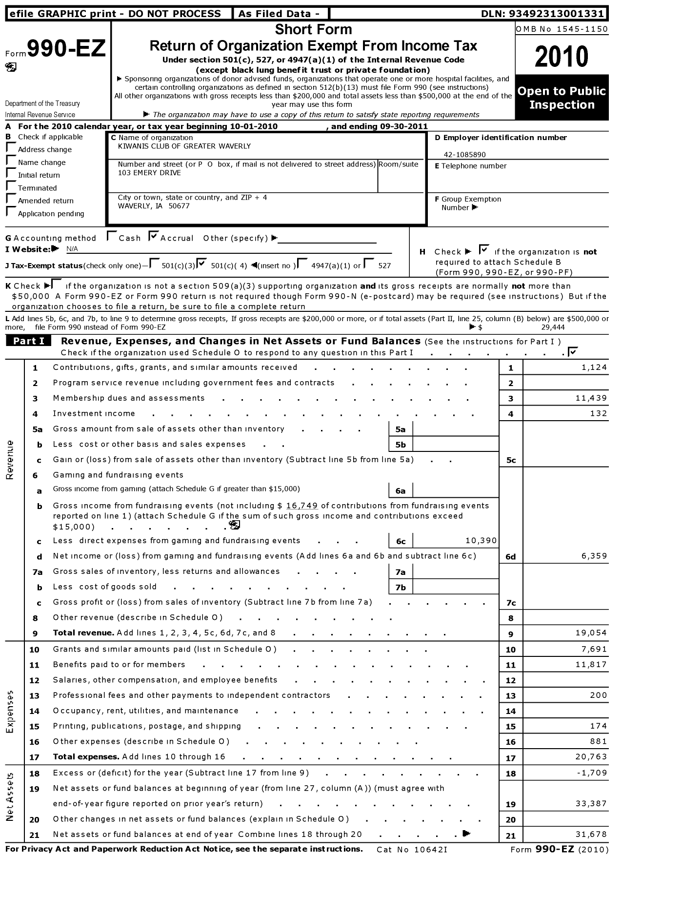 Image of first page of 2010 Form 990EO for Kiwanis International - K08696 Greater Waverly