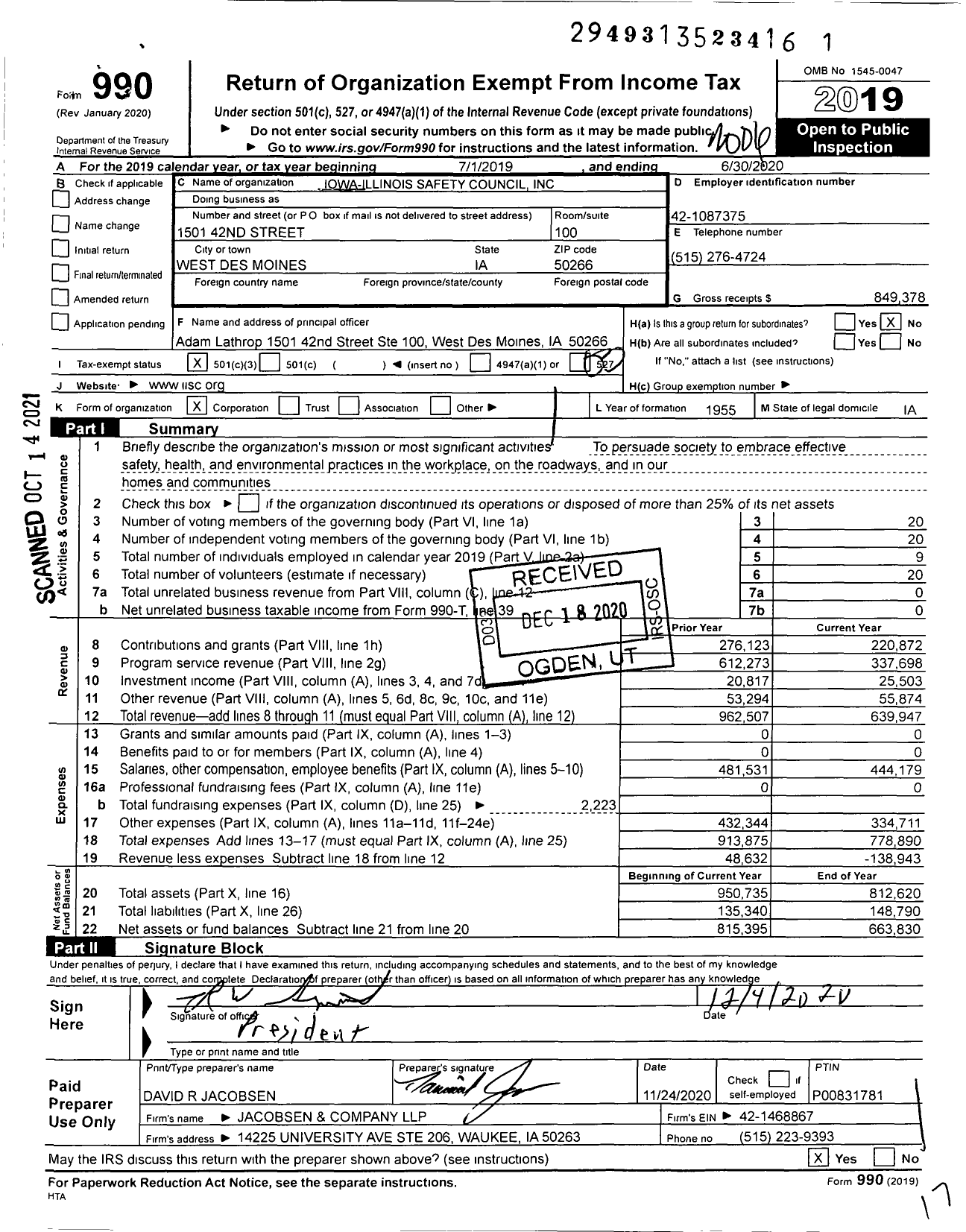 Image of first page of 2019 Form 990 for Iowa-Illinois Safety Council