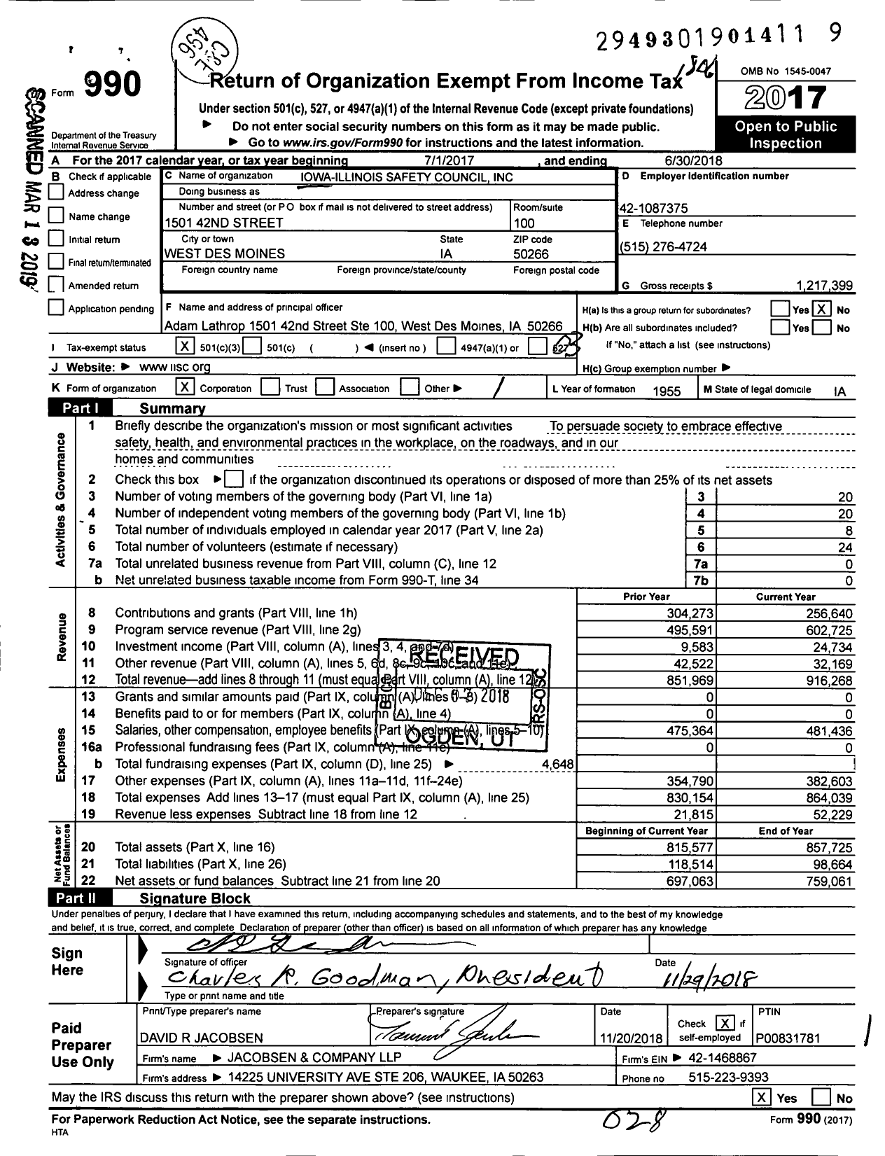 Image of first page of 2017 Form 990 for Iowa-Illinois Safety Council