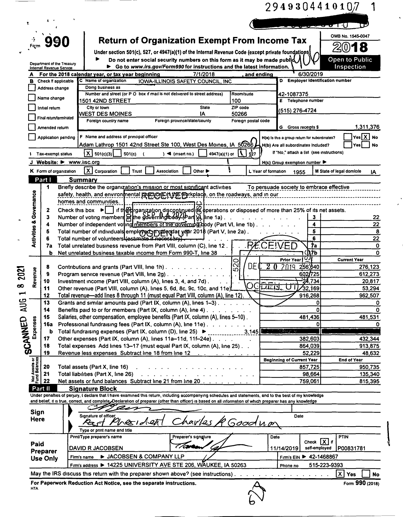 Image of first page of 2018 Form 990 for Iowa-Illinois Safety Council