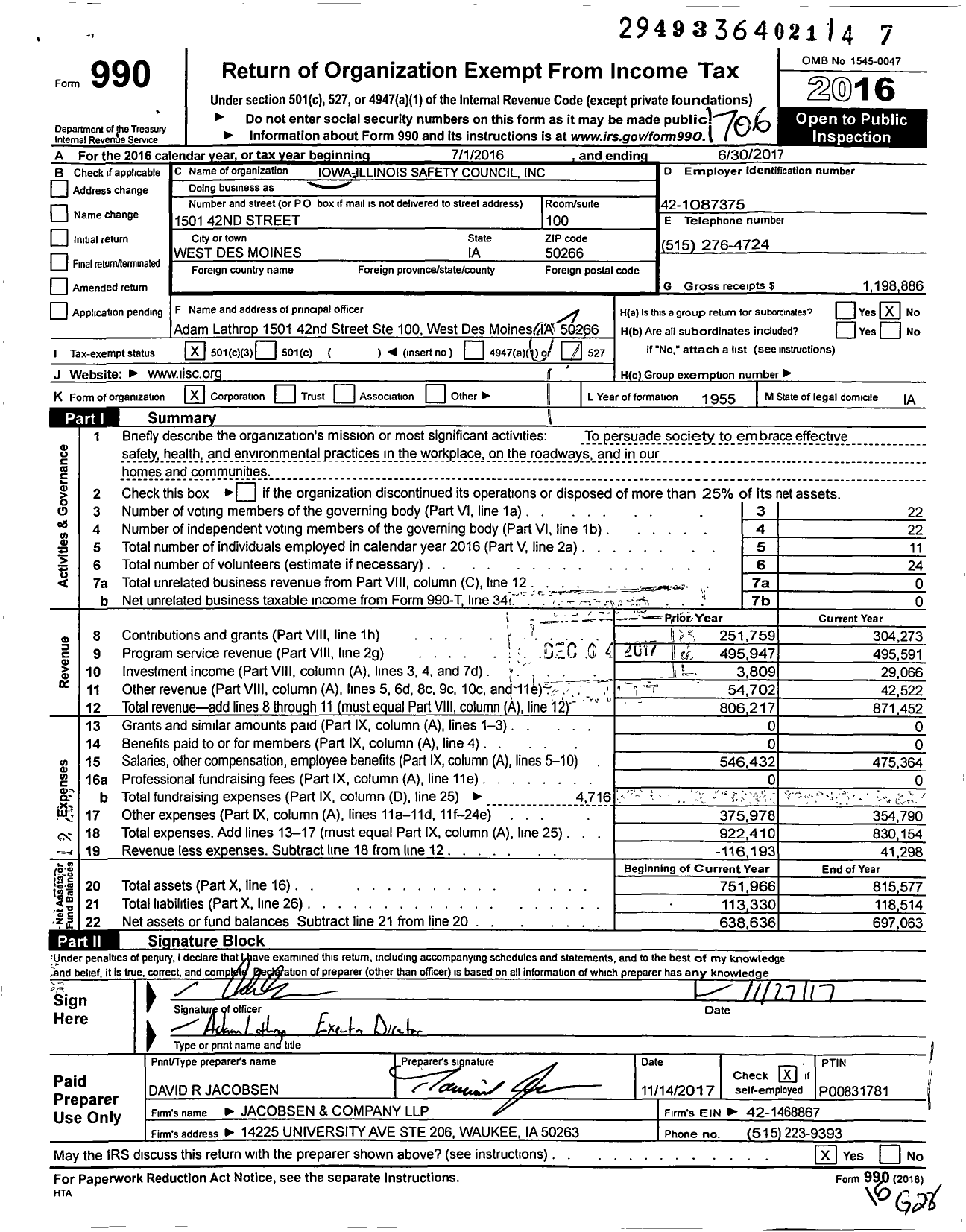 Image of first page of 2016 Form 990 for Iowa-Illinois Safety Council