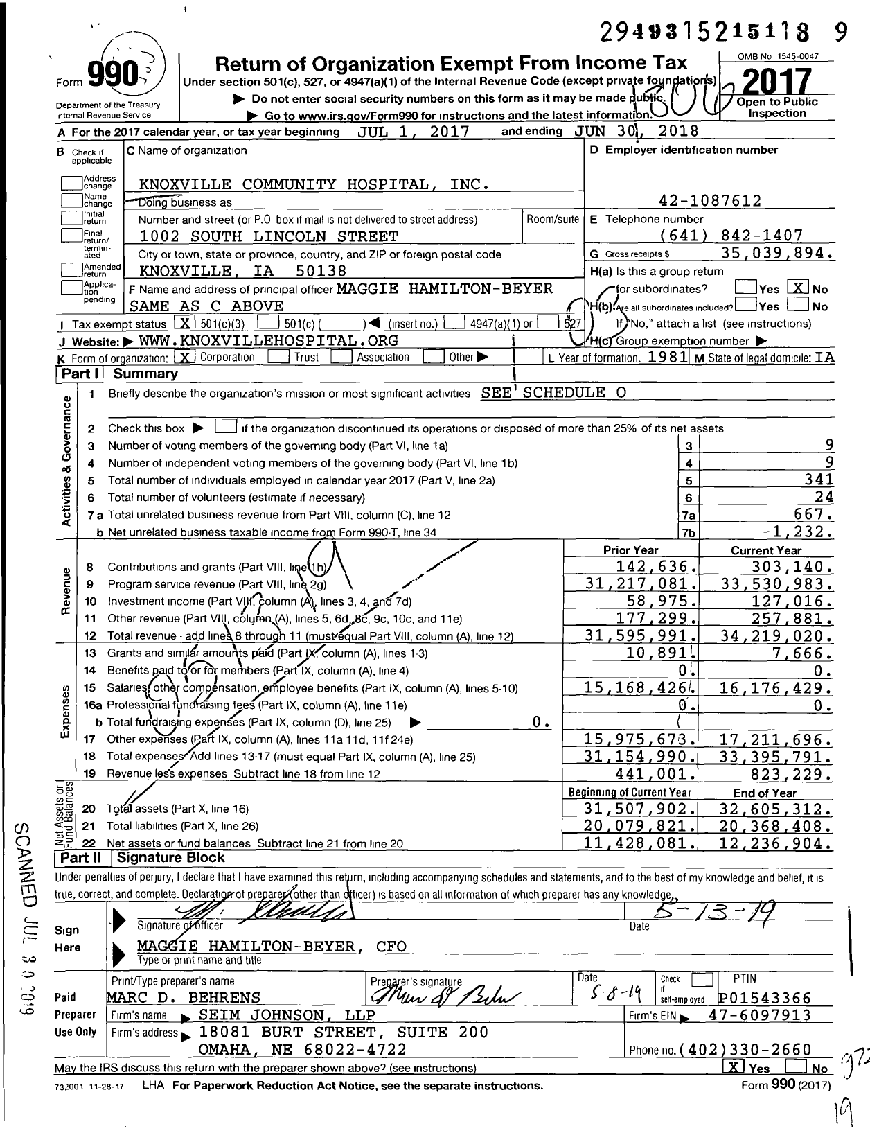 Image of first page of 2017 Form 990 for Knoxville Hospital and Clinics