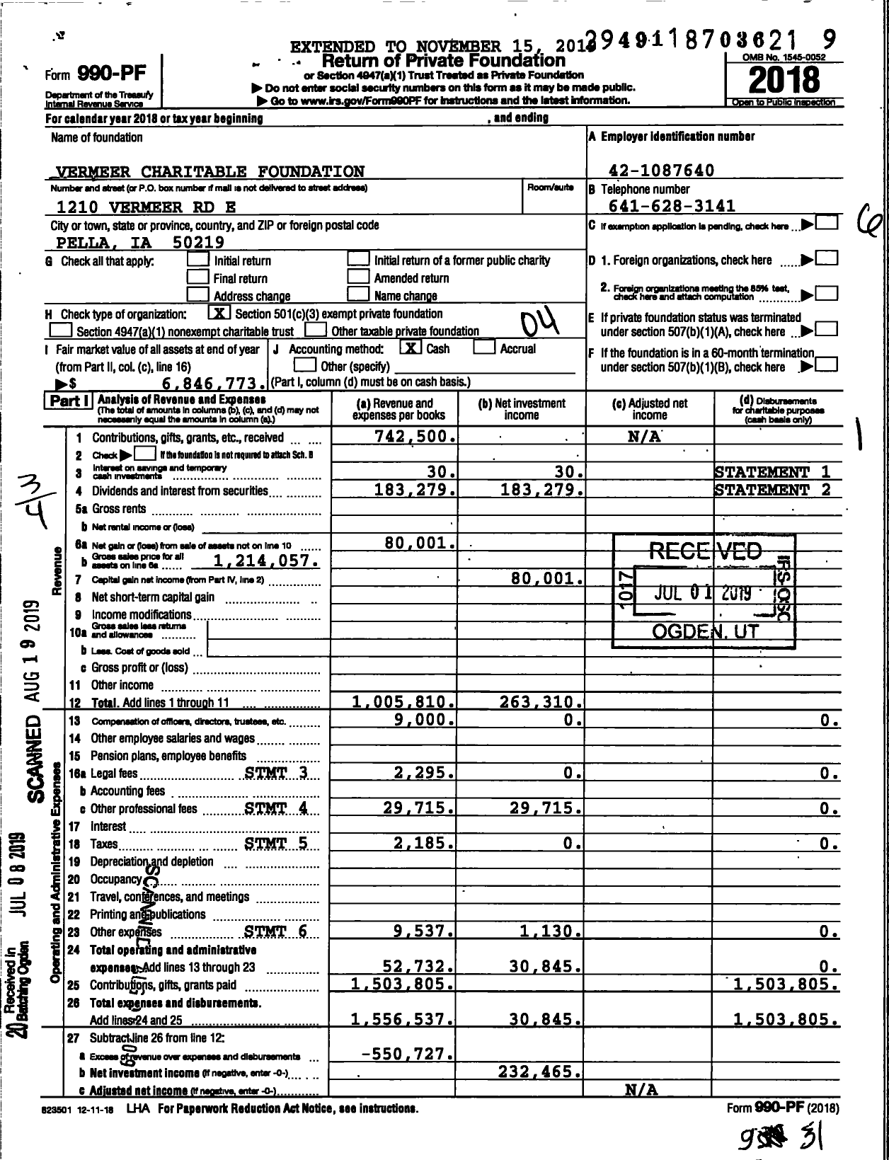 Image of first page of 2018 Form 990PF for Vermeer Charitable Foundation
