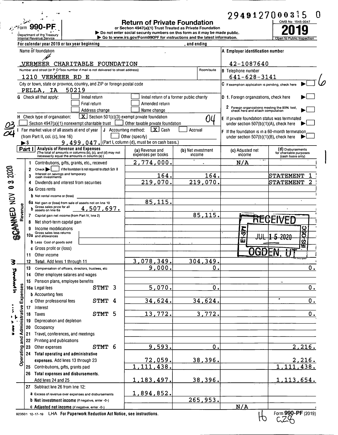 Image of first page of 2019 Form 990PF for Vermeer Charitable Foundation