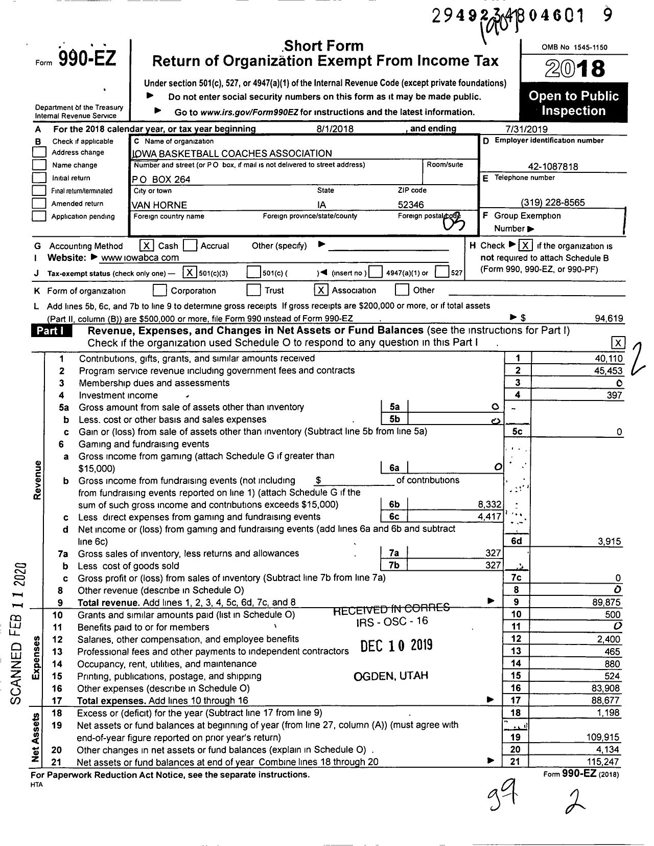 Image of first page of 2018 Form 990EZ for Iowa Basketball Coaches Association