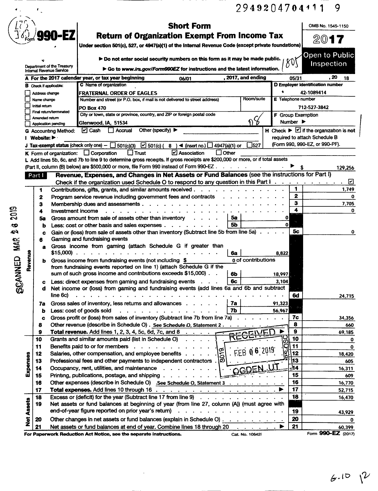 Image of first page of 2017 Form 990EO for Fraternal Order of Eagles - 3784 Aerie