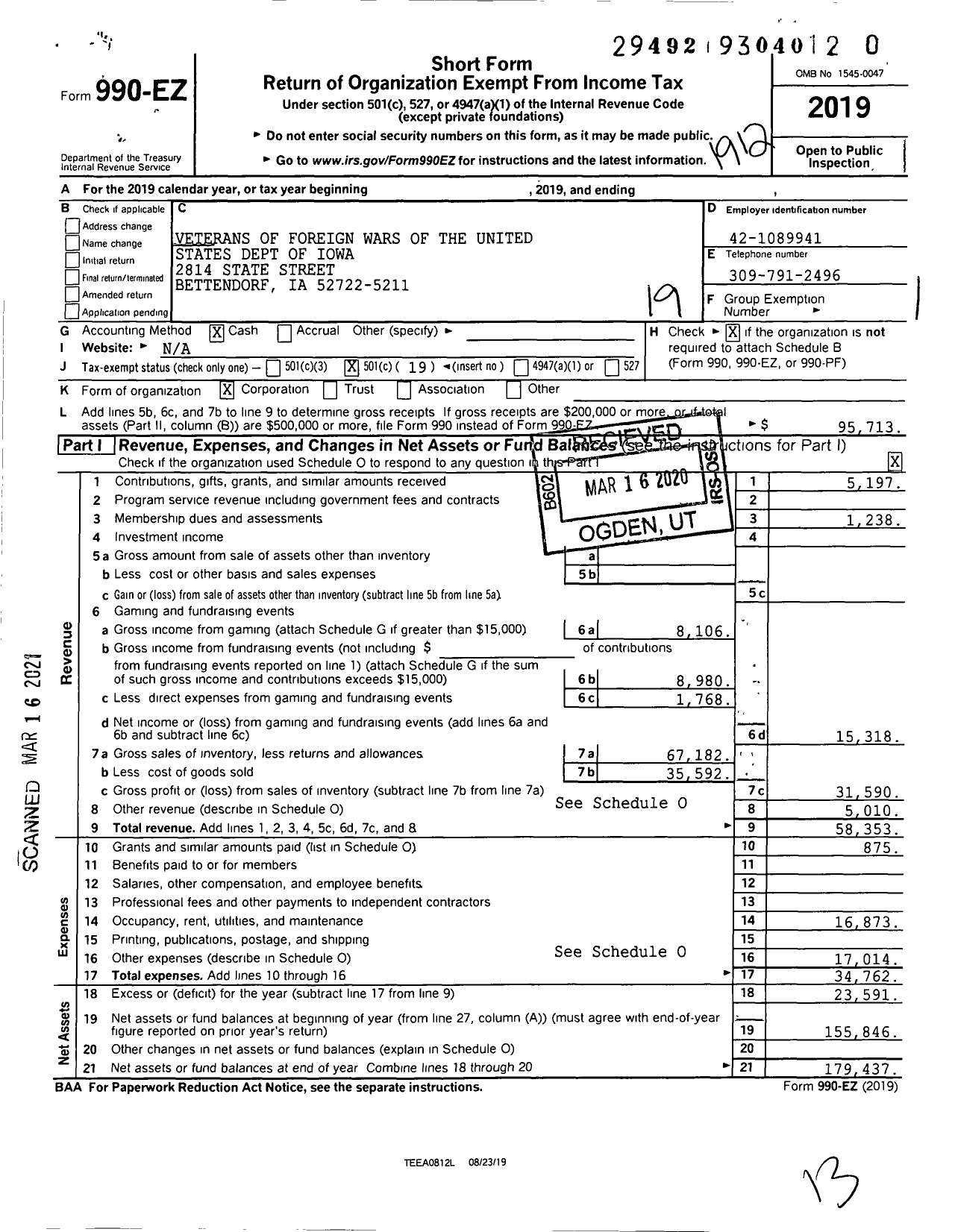 Image of first page of 2019 Form 990EO for Veterans of Foreign Wars of the United States Dept of Iowa / 9128 Vfw-Iowa Canfield Hughes