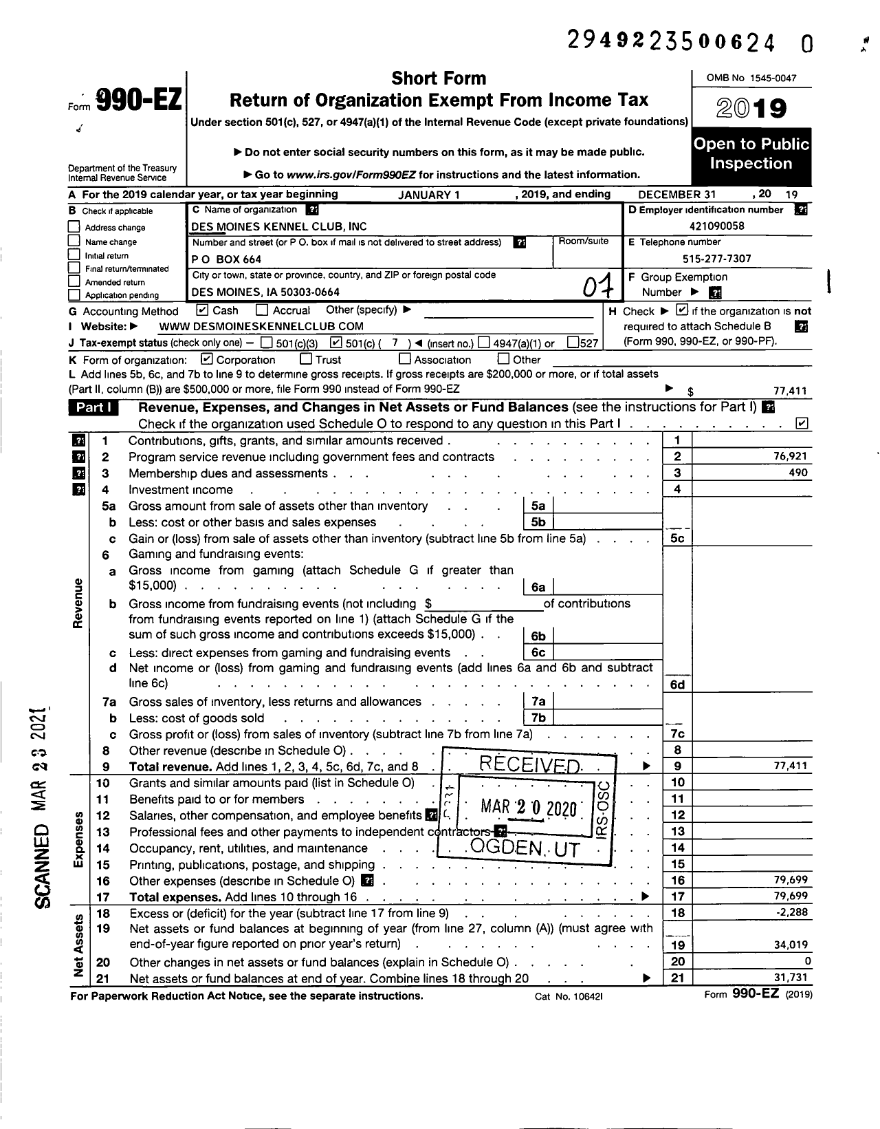 Image of first page of 2019 Form 990EO for Des Moines Kennel Club