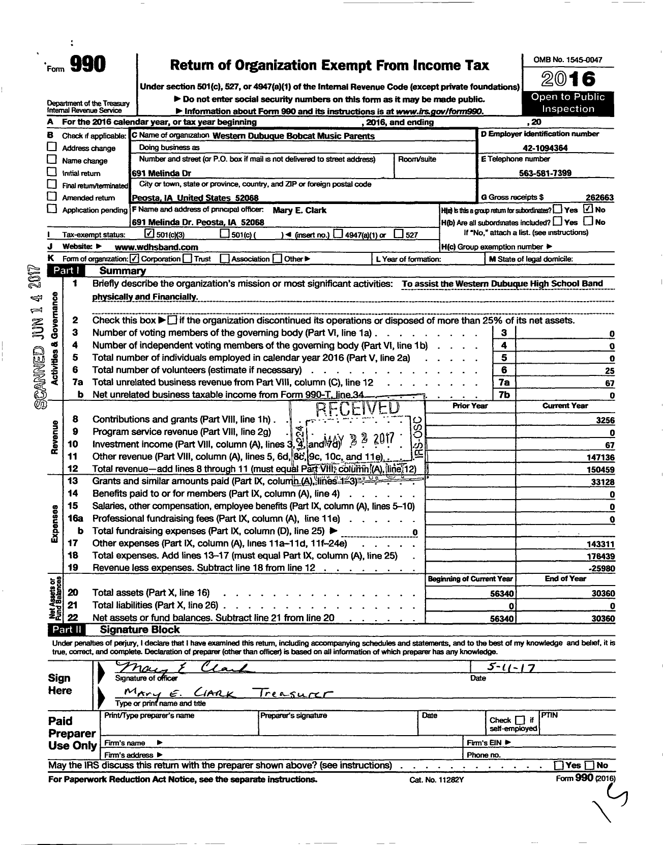 Image of first page of 2016 Form 990 for Western Dubuque Bobcat Music Parents