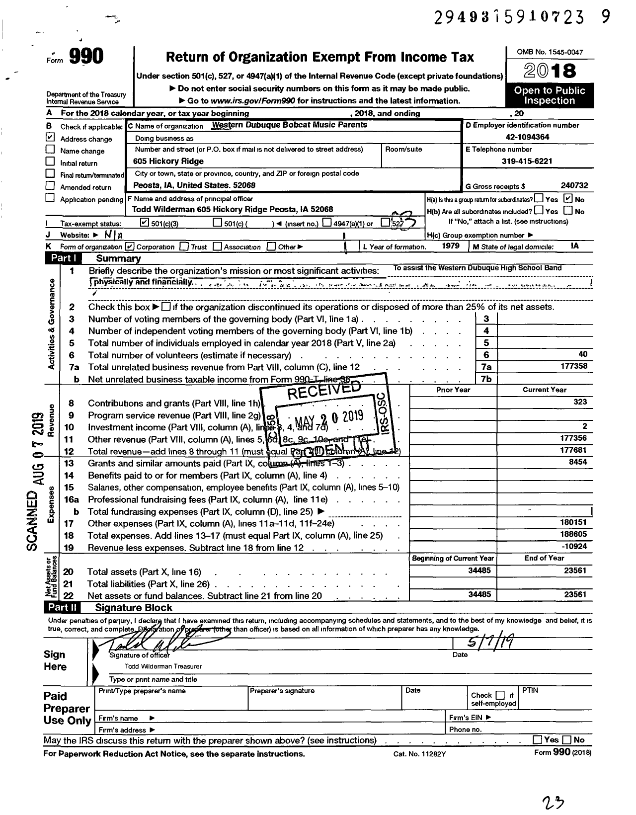 Image of first page of 2018 Form 990 for Western Dubuque Bobcat Music Parents