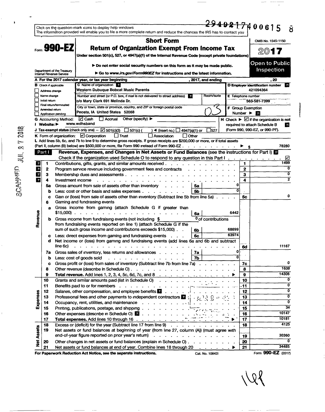 Image of first page of 2017 Form 990EZ for Western Dubuque Bobcat Music Parents